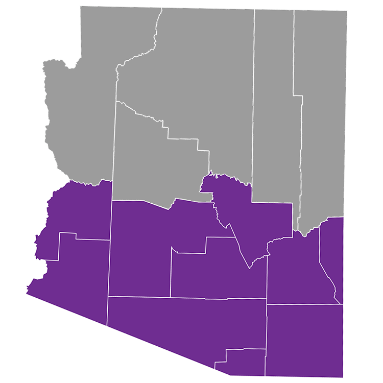 State map with counties served. See below for more information.